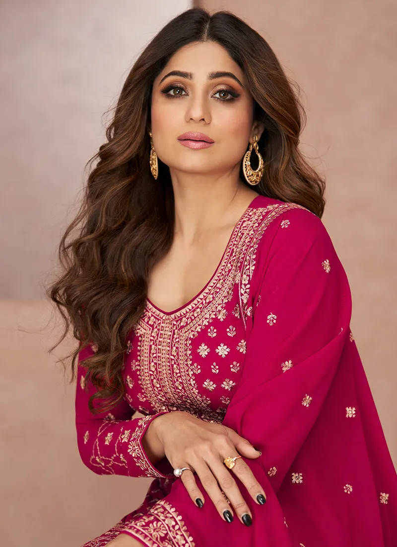 Hot Pink Embroidery Festive Anarkali Palazzo Suit