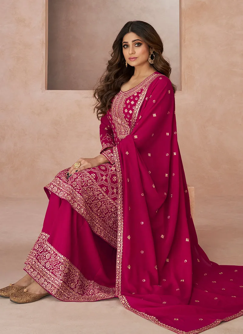 Hot Pink Embroidery Festive Anarkali Palazzo Suit