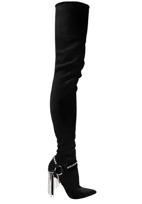 LACIA I CRYSTAL FRINGE STRETCH SUEDE THIGH-HIGH BOOTS