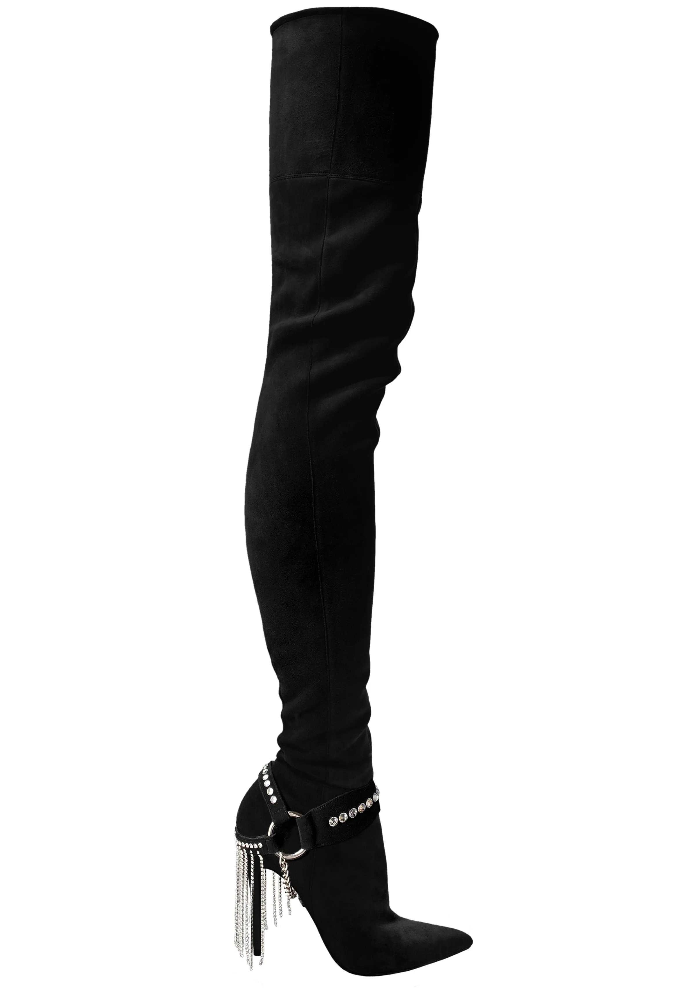 LACIA I CRYSTAL FRINGE STRETCH SUEDE THIGH-HIGH BOOTS