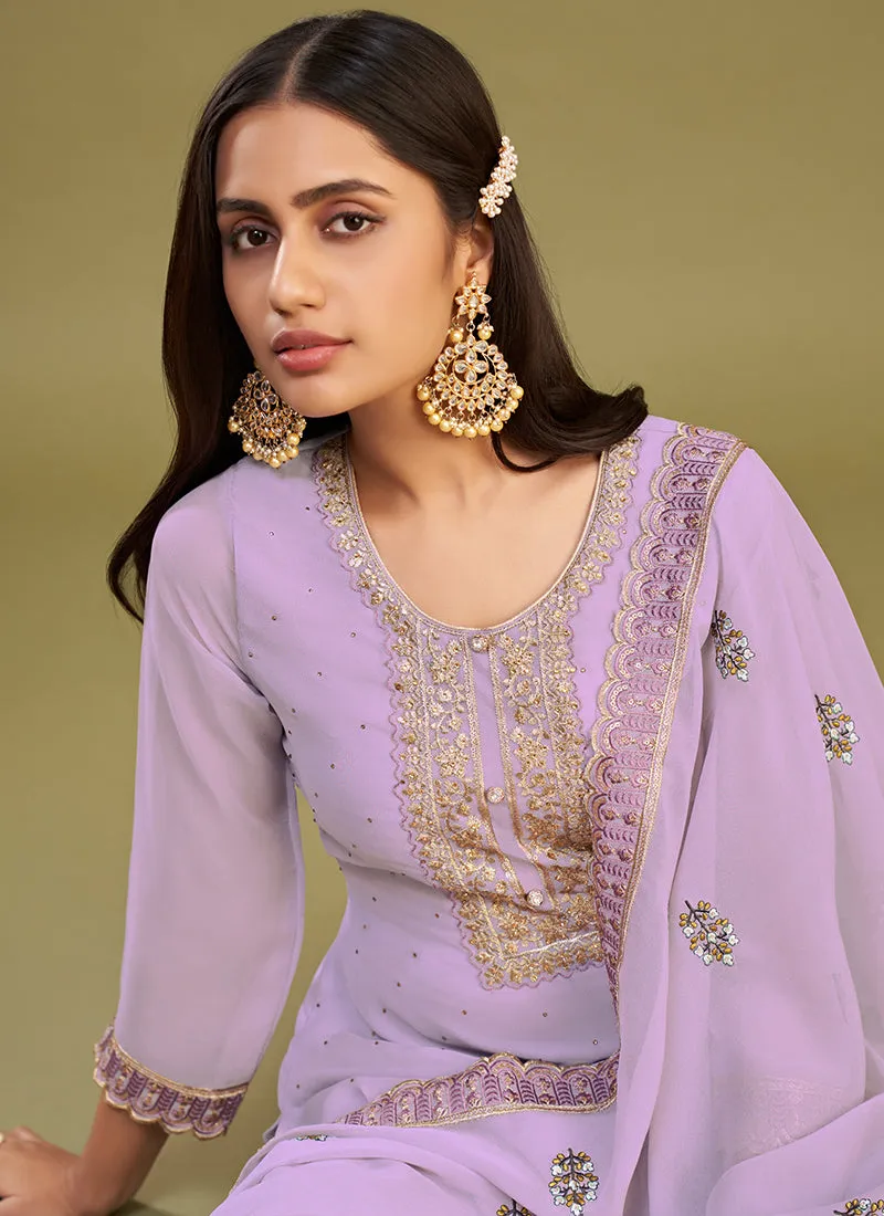 Lavender Thread Embroidery Pakistani Style Pant Suit
