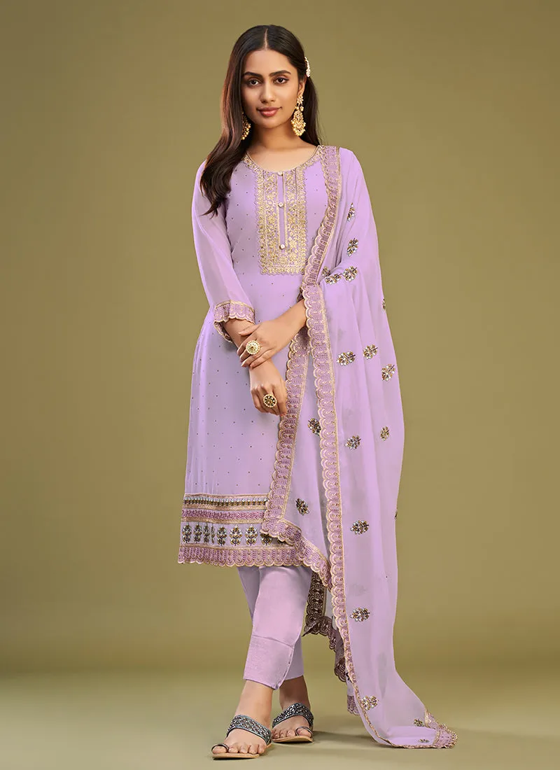 Lavender Thread Embroidery Pakistani Style Pant Suit