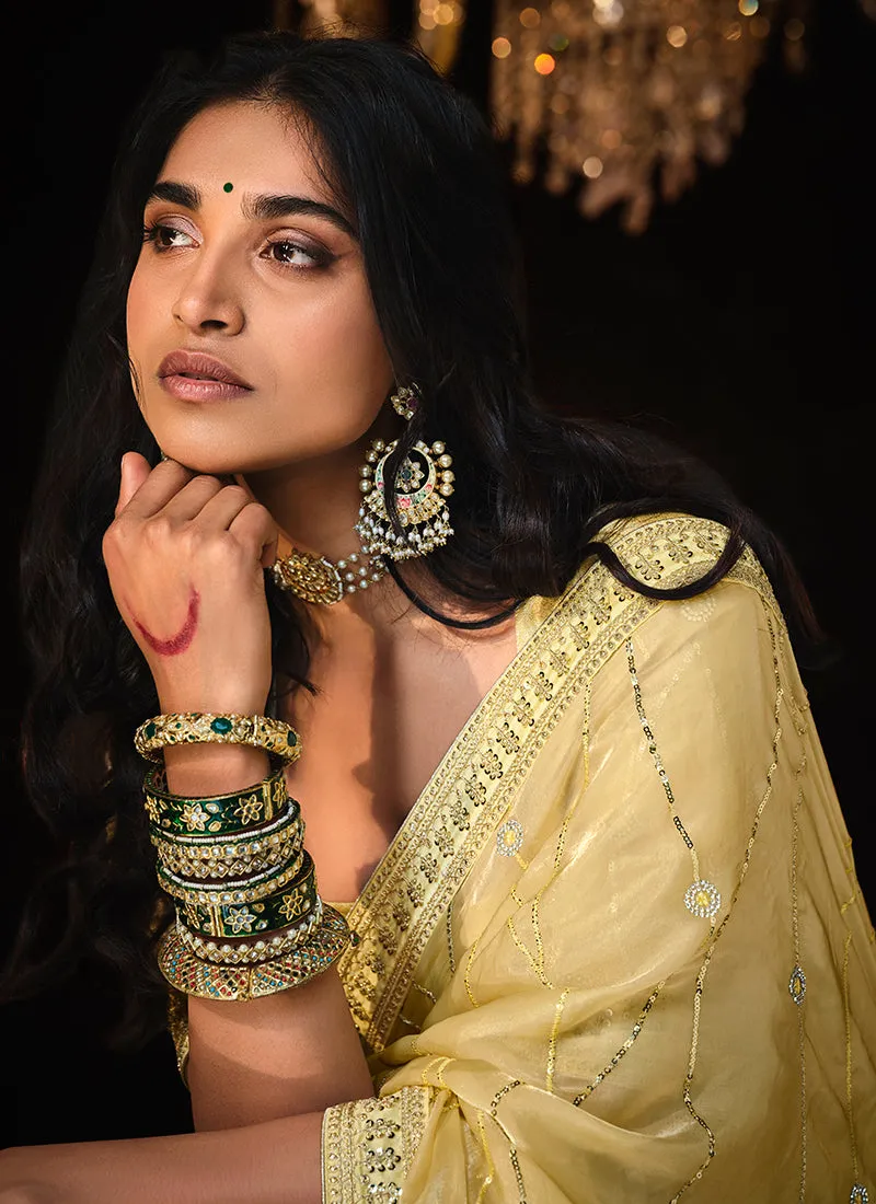 Lemon Yellow Reshamkari Embroidery Fancy Silk Saree