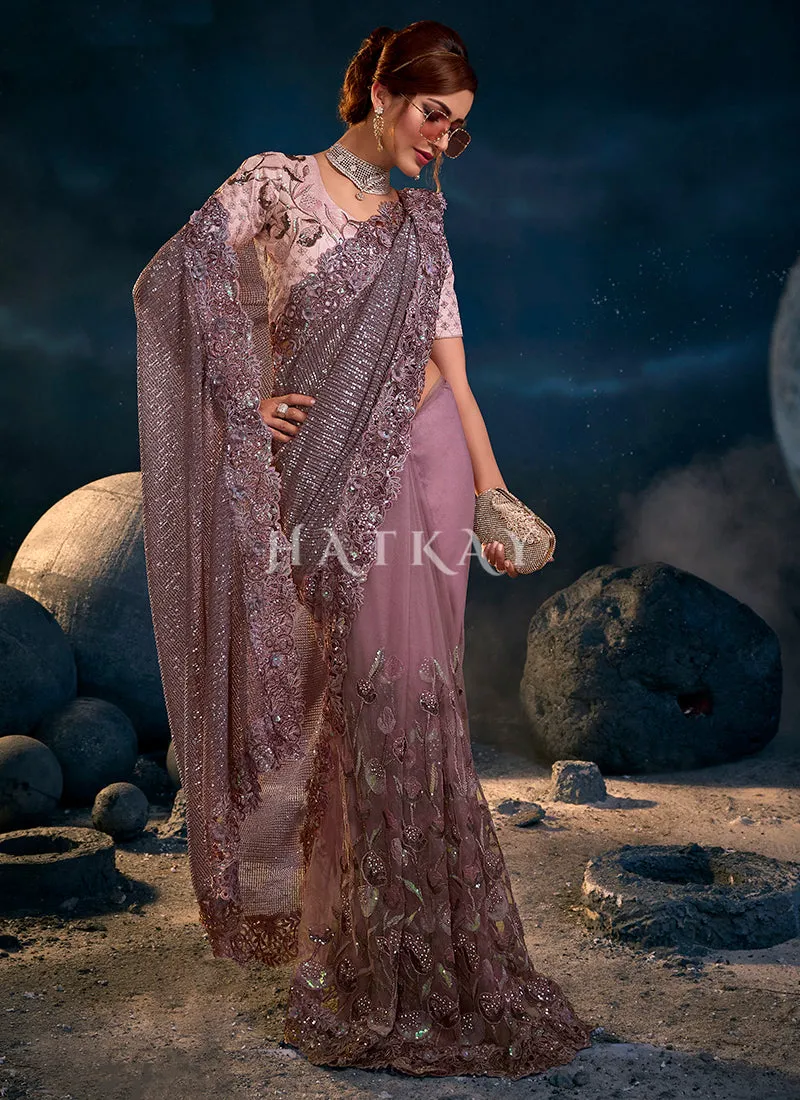 Lilac Purple Sequence Embroidered Festive Saree