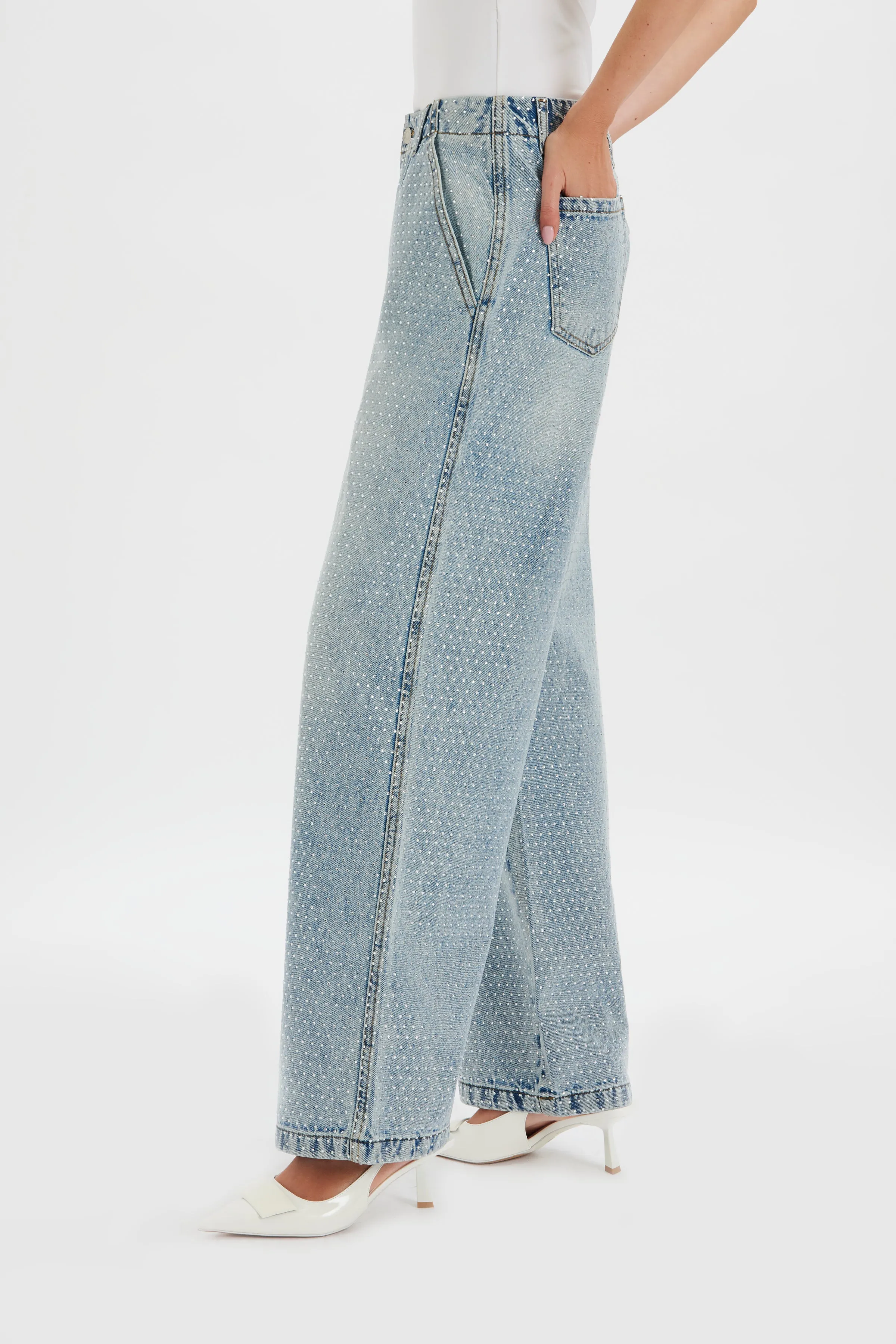 LILLIE Crystal Embellished Straight Leg Denim Jeans in Light Blue
