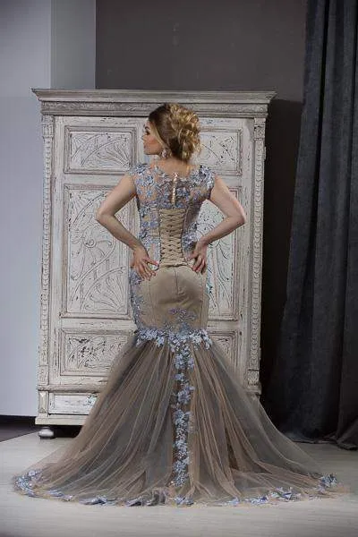Luxury Evening Gown With Blue Flowers