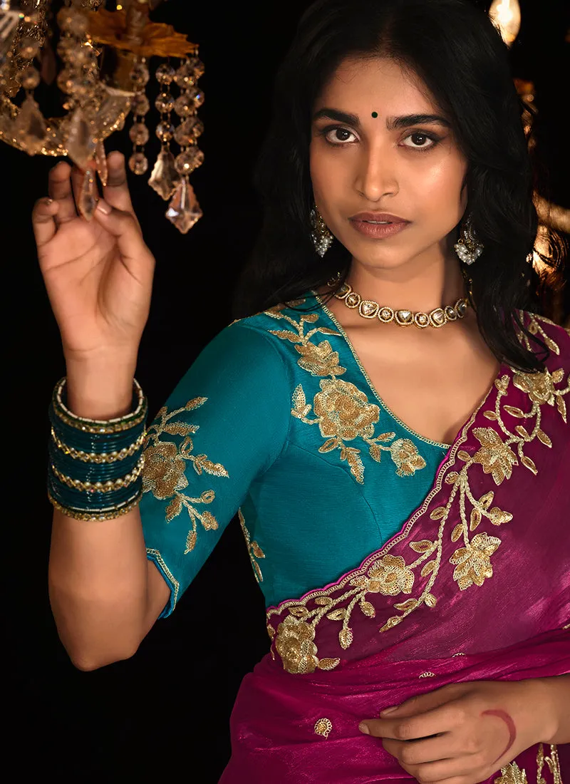 Magenta And Turquoise Reshamkari Embroidery Fancy Silk Saree