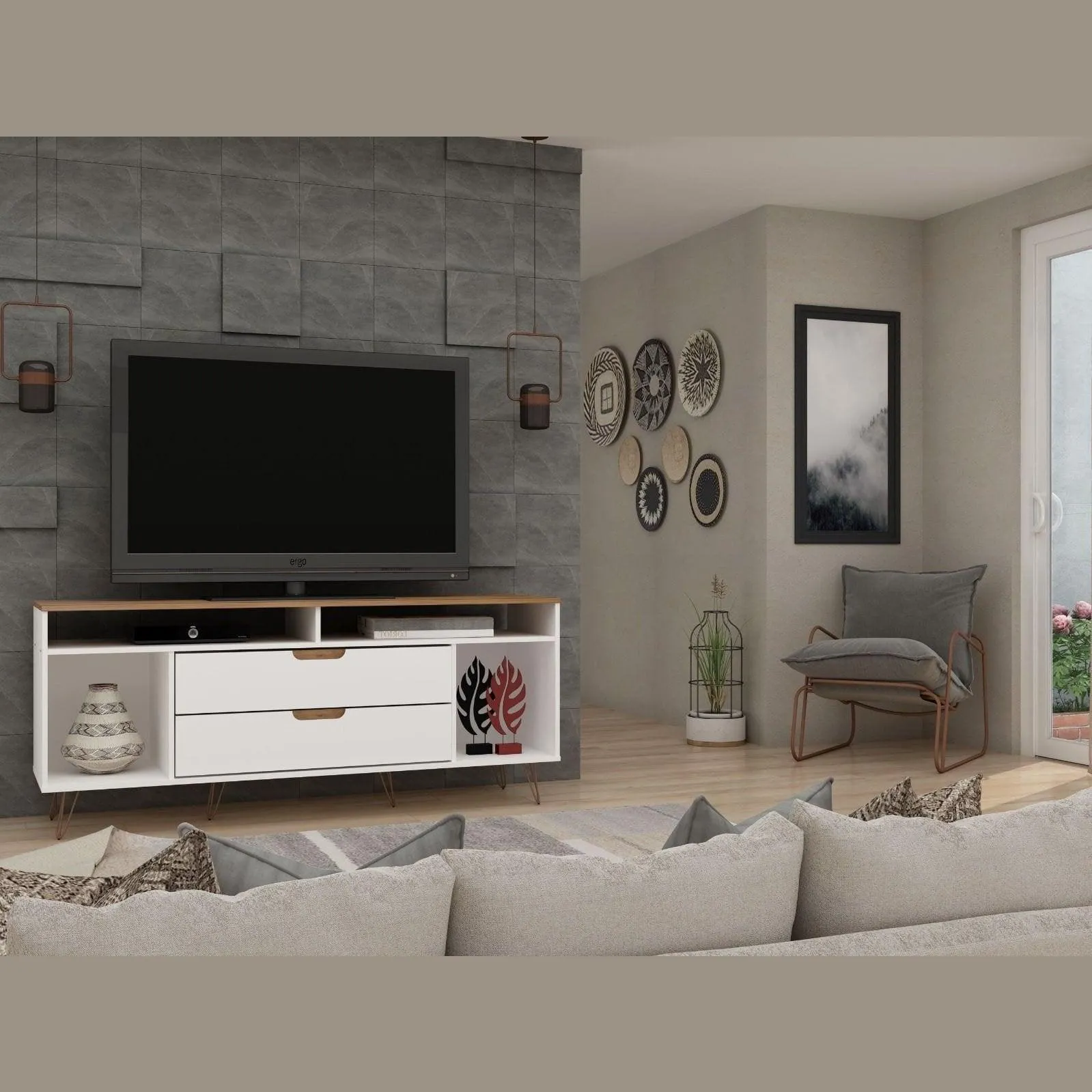 Manhattan Comfort Rockefeller 63 inch TV Stand with Metal Legs