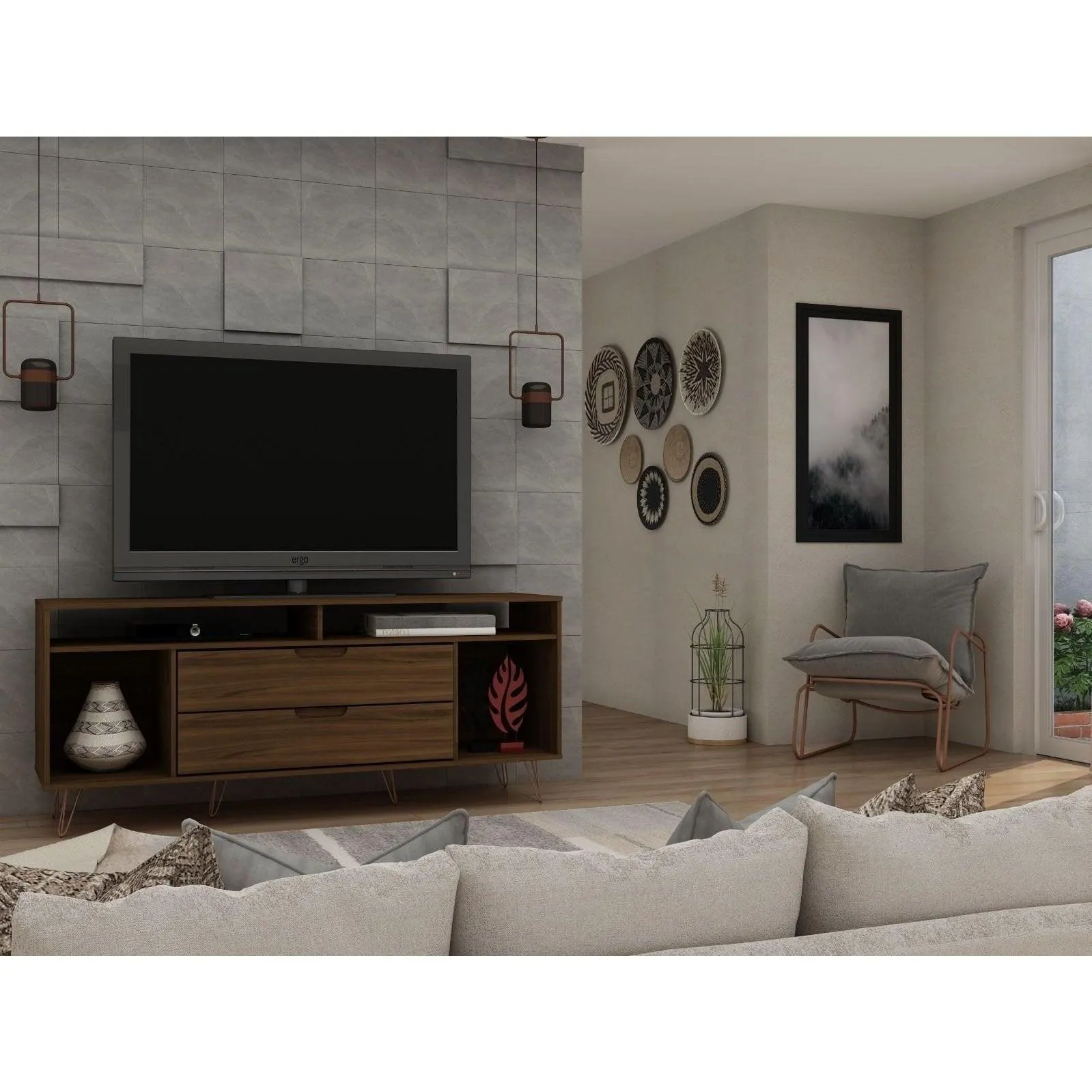 Manhattan Comfort Rockefeller 63 inch TV Stand with Metal Legs