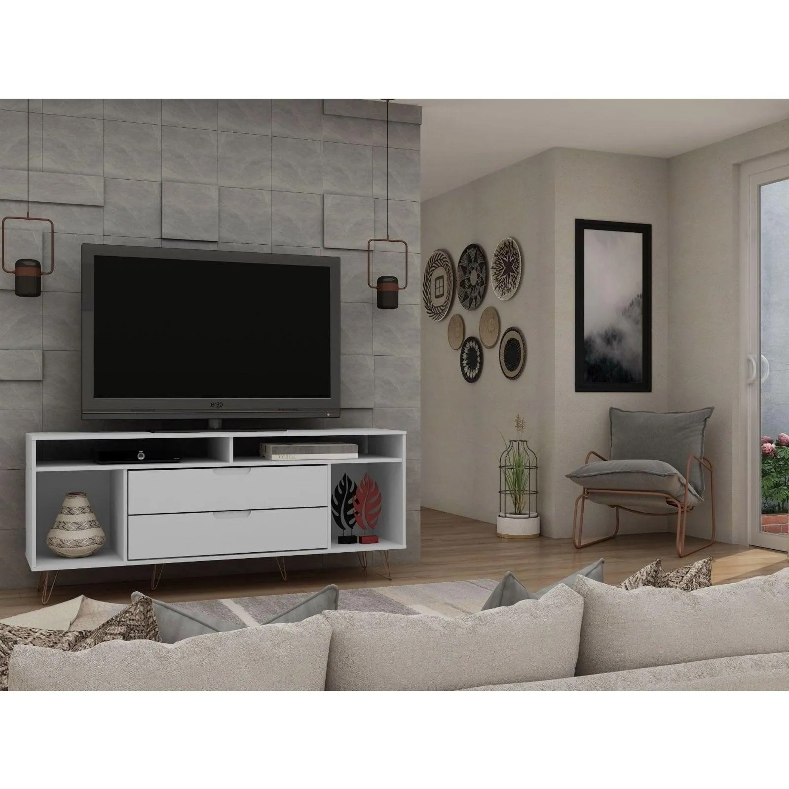 Manhattan Comfort Rockefeller 63 inch TV Stand with Metal Legs