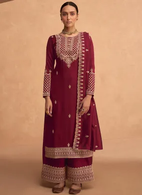 Maroon Embroidery Silk Festive Palazzo Suit