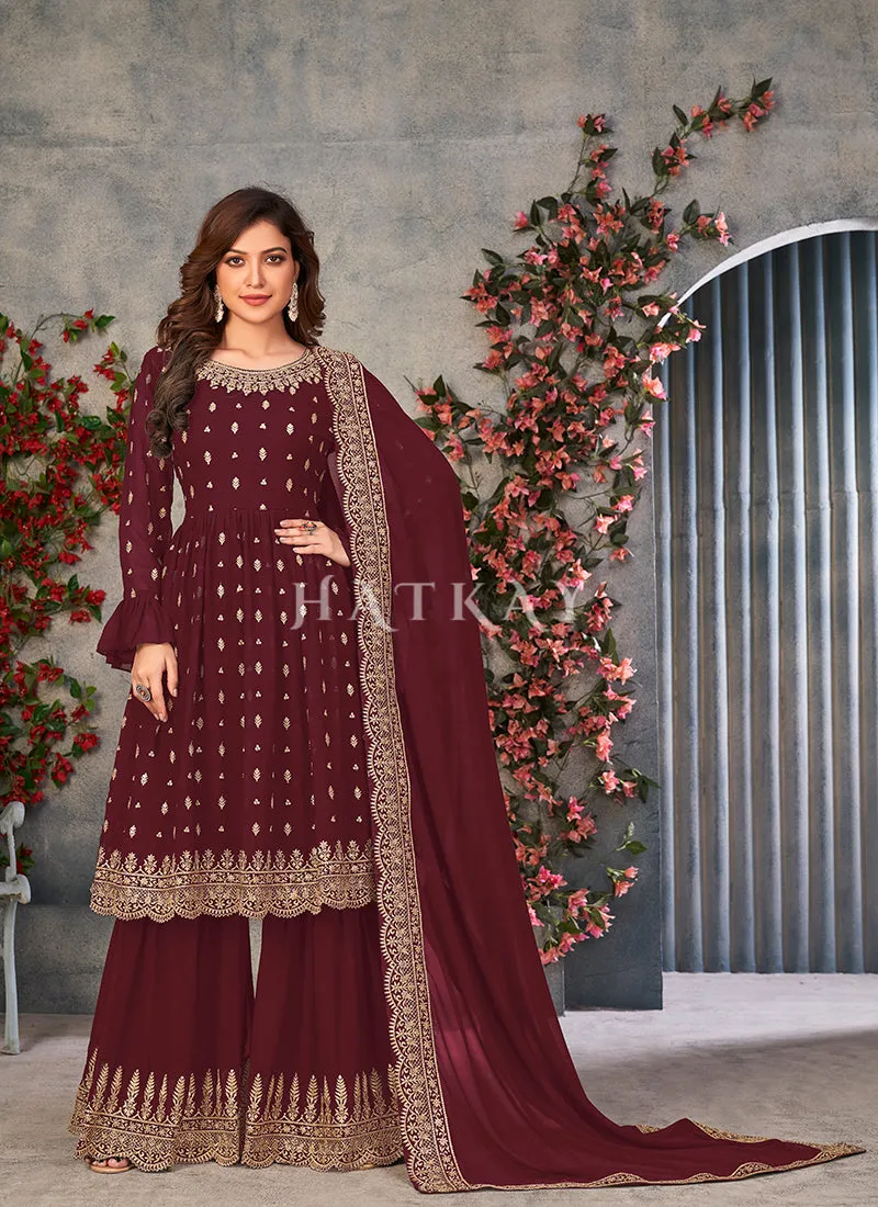 Maroon Georgette Sharara Suit