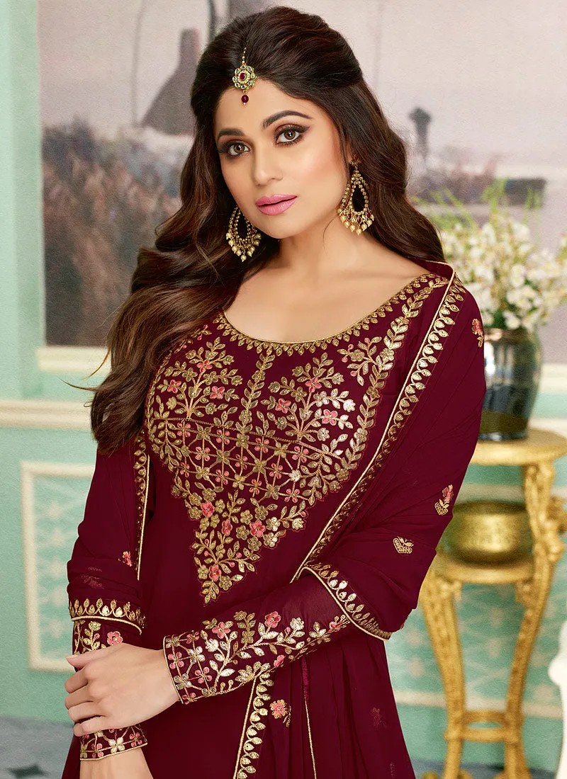 Maroon Golden Embroidered Sharara Style Suit