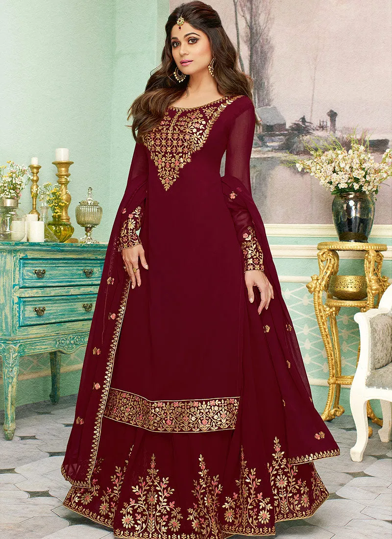 Maroon Golden Embroidered Sharara Style Suit