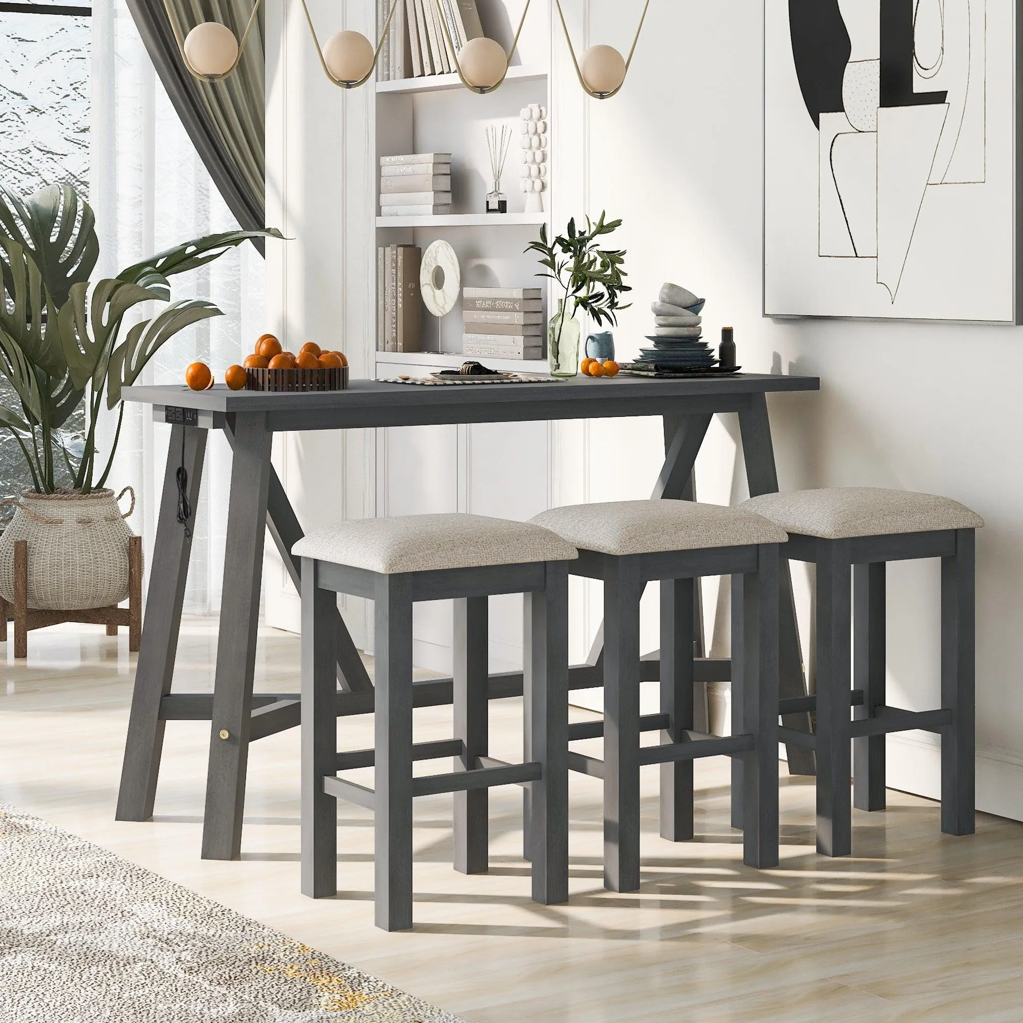 Multipurpose Home Kitchen Dining Bar Table Set with 3 Upholstered Stools(Gray)