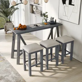 Multipurpose Home Kitchen Dining Bar Table Set with 3 Upholstered Stools(Gray)