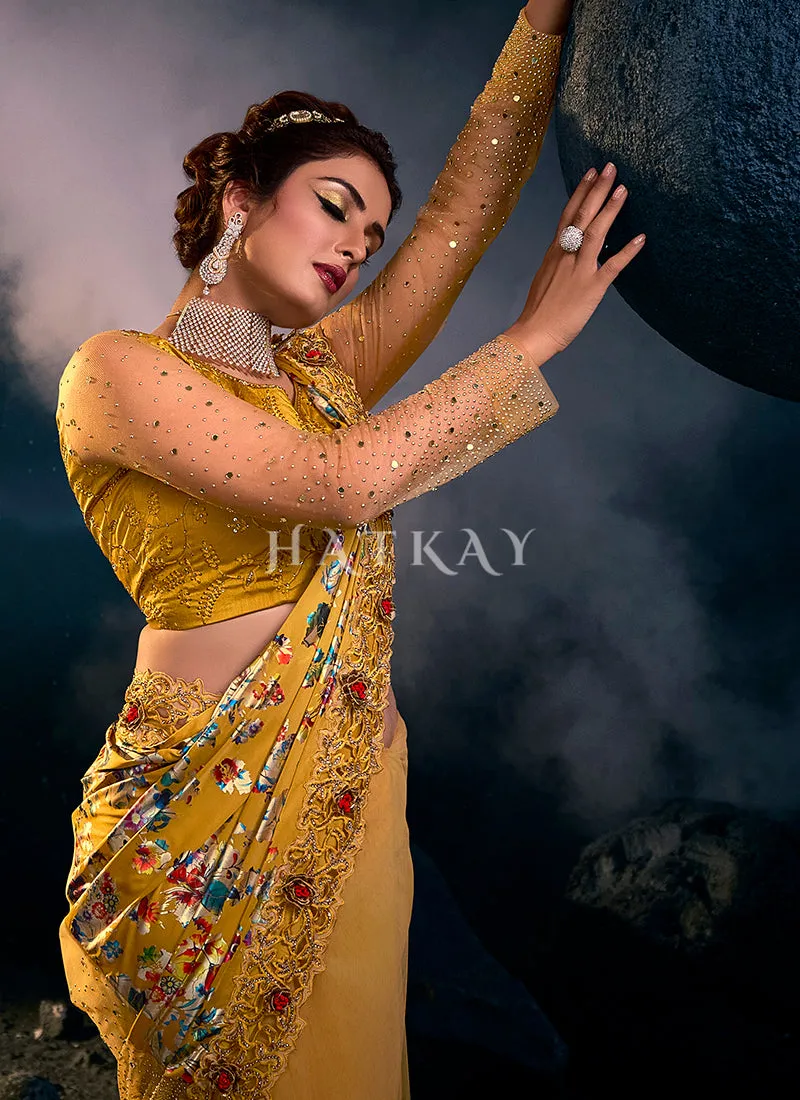 Mustard Yellow Multi Sequence Embroidered Festive Saree