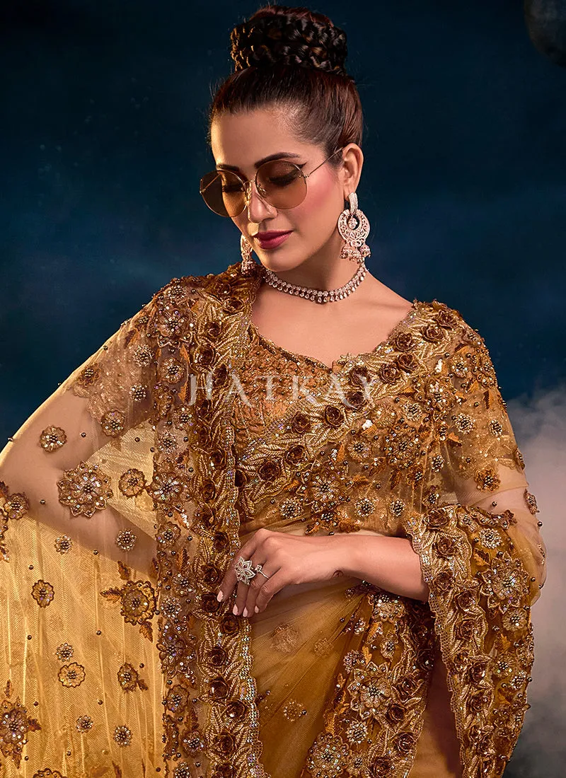 Mustard Zari Embroidered Festive Saree