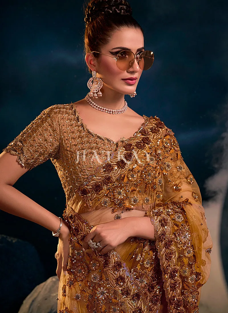 Mustard Zari Embroidered Festive Saree