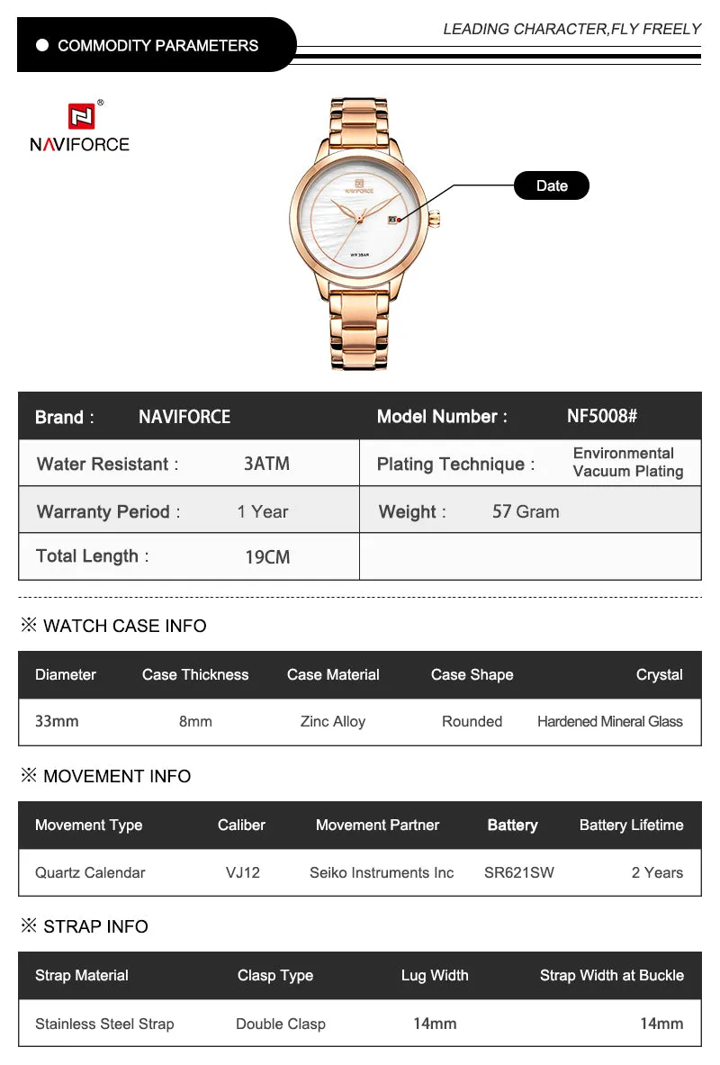 NAVIFORCE Brand Luxury Women Watch Fashion Casual Lady Waterproof Clock Women's Wristwatch Quartz Watch NF5008