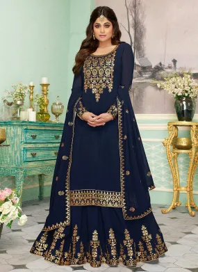 Navy Blue Golden Embroidered Sharara Style Suit
