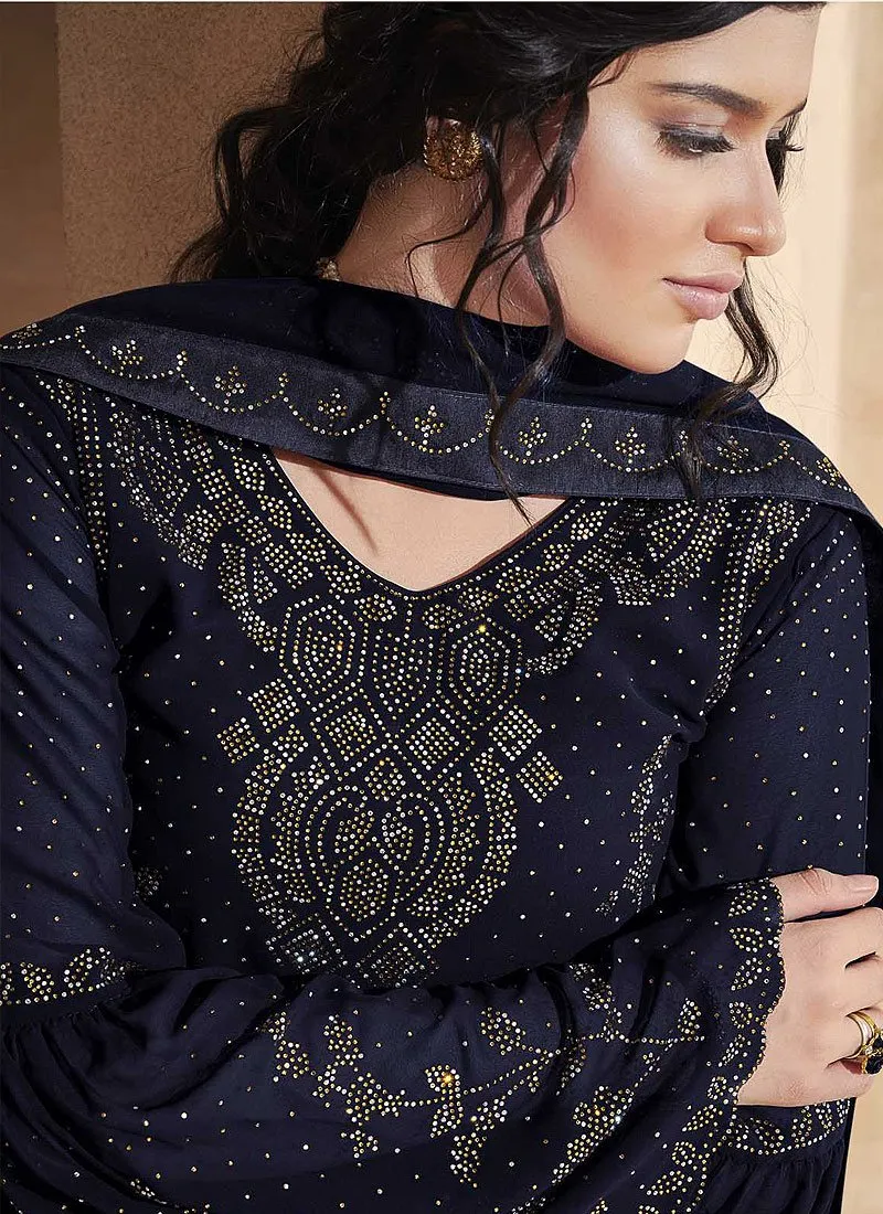 Navy Blue Swarovski Embroidered Palazzo Suit