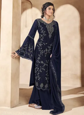 Navy Blue Swarovski Embroidered Palazzo Suit