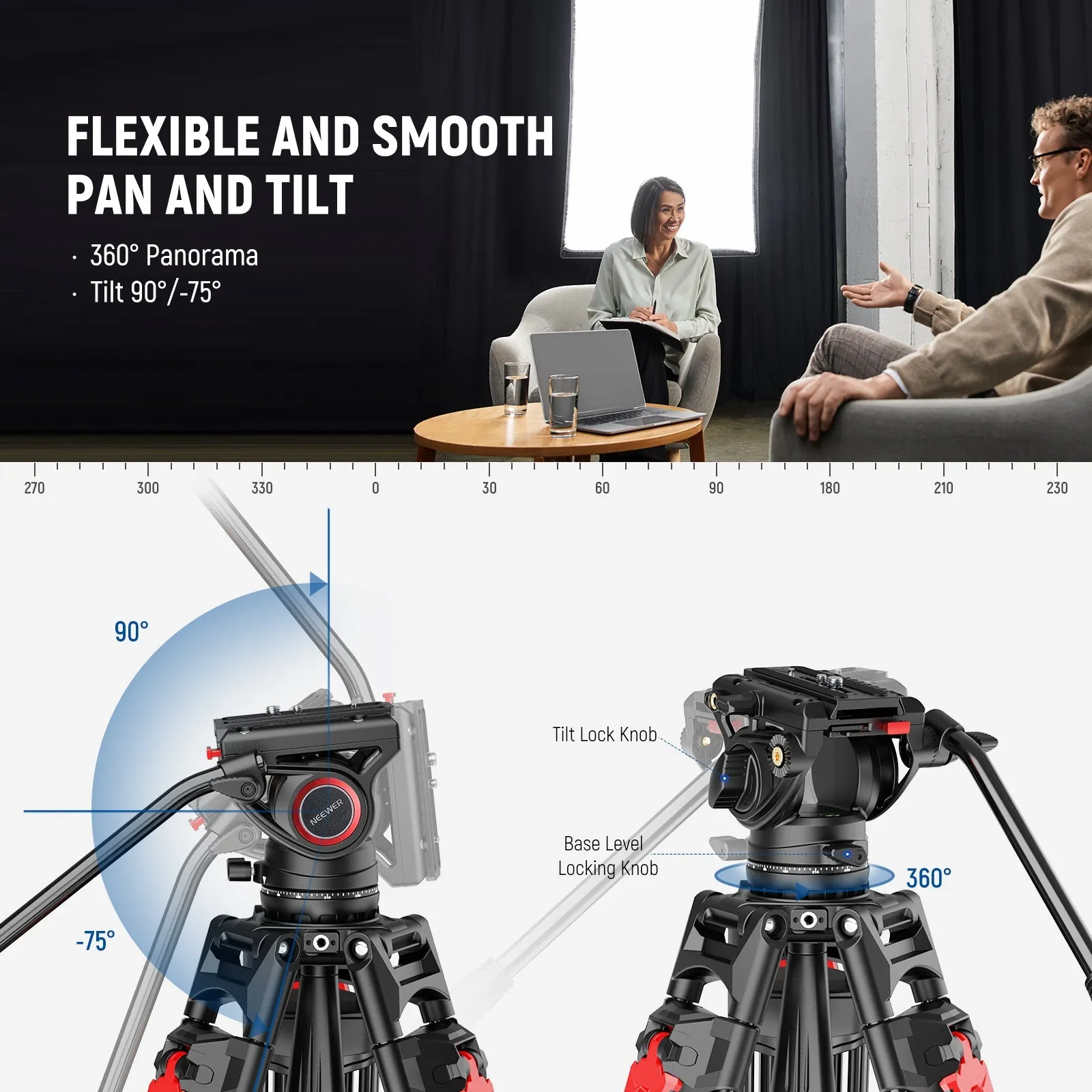 NEEWER LL27 76" Video Camera Tripod with Fluid Head