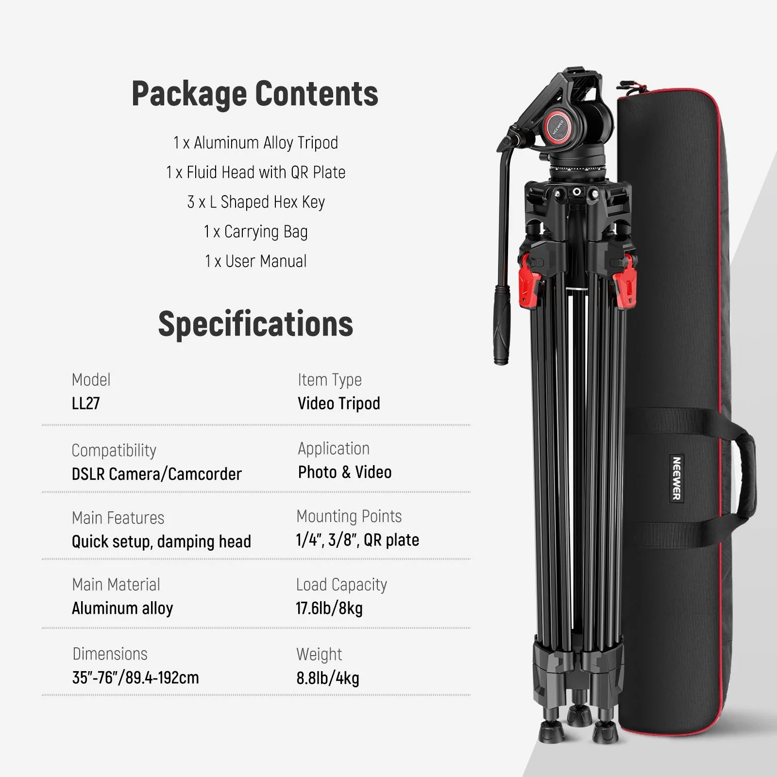 NEEWER LL27 76" Video Camera Tripod with Fluid Head