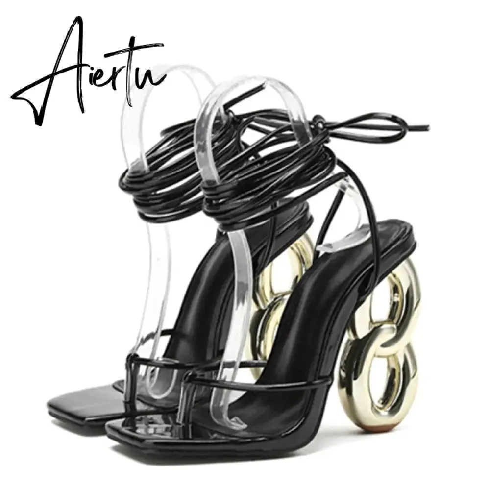New Fashion Green Cross Ankle Strap Women's Strange High Heels Sexy Sandals Summer Pinch Narrow Band Square Toe Party Shoe