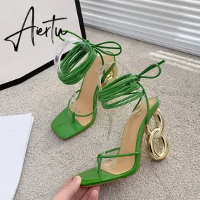 New Fashion Green Cross Ankle Strap Women's Strange High Heels Sexy Sandals Summer Pinch Narrow Band Square Toe Party Shoe