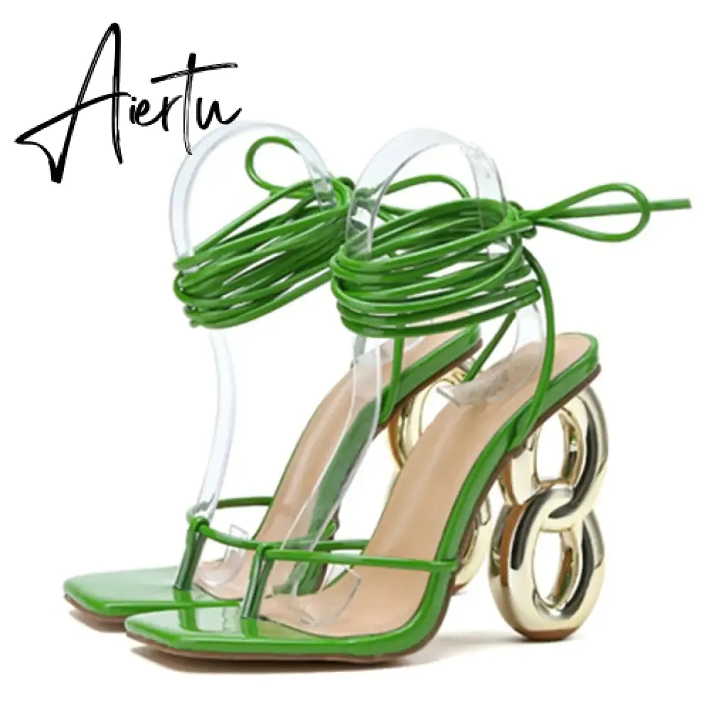 New Fashion Green Cross Ankle Strap Women's Strange High Heels Sexy Sandals Summer Pinch Narrow Band Square Toe Party Shoe