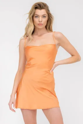 Orange Silky Satin Lace Up Mini Dress