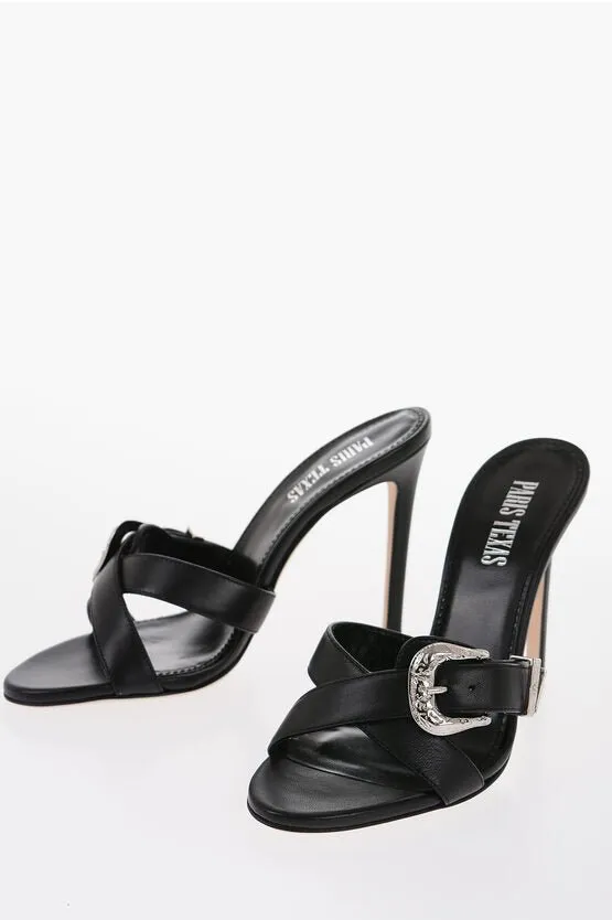 Paris Texas Leather REGINA Mules with Silver-Tone Buckle Heel 11cm