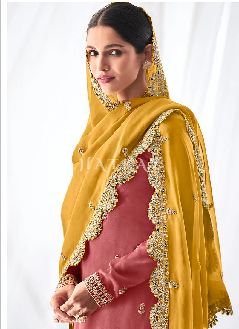 Peach And Yellow Straight Pant Suit