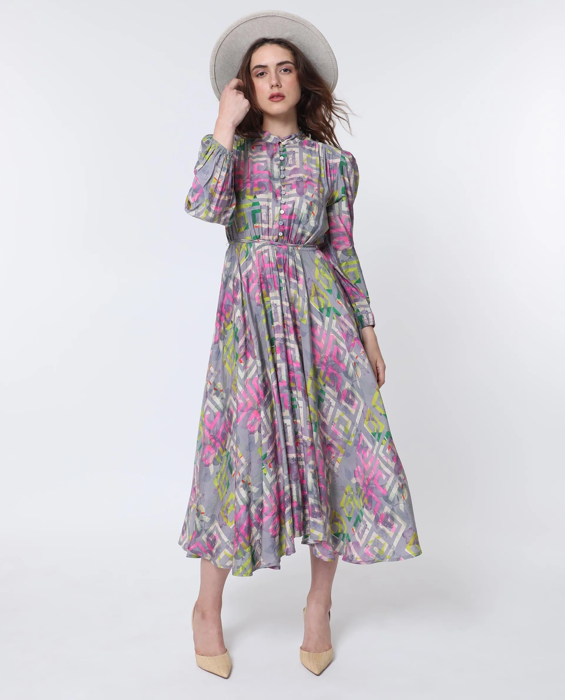 Rareism Women Austir Multi Polyester Fabric Full Sleeves Button Closure Mandarin Collar Balloon Sleeve Regular Fit Geometric Print Maxi Empire Dress