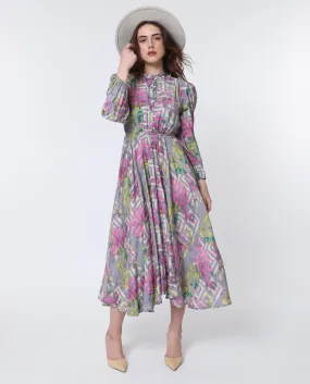 Rareism Women Austir Multi Polyester Fabric Full Sleeves Button Closure Mandarin Collar Balloon Sleeve Regular Fit Geometric Print Maxi Empire Dress