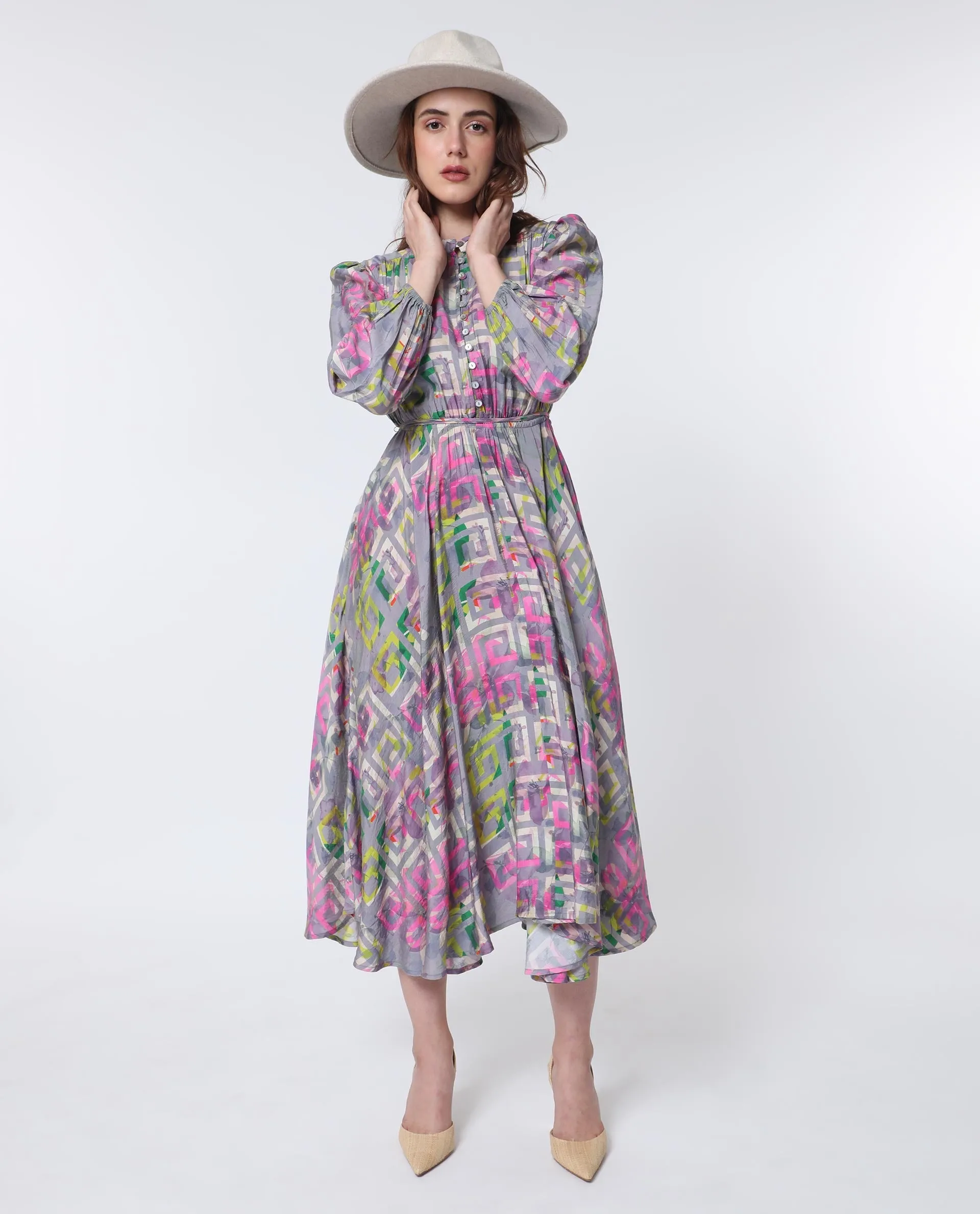 Rareism Women Austir Multi Polyester Fabric Full Sleeves Button Closure Mandarin Collar Balloon Sleeve Regular Fit Geometric Print Maxi Empire Dress