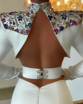 Ryleigh White Elegant High Neck Long Sleeves Evening Dress