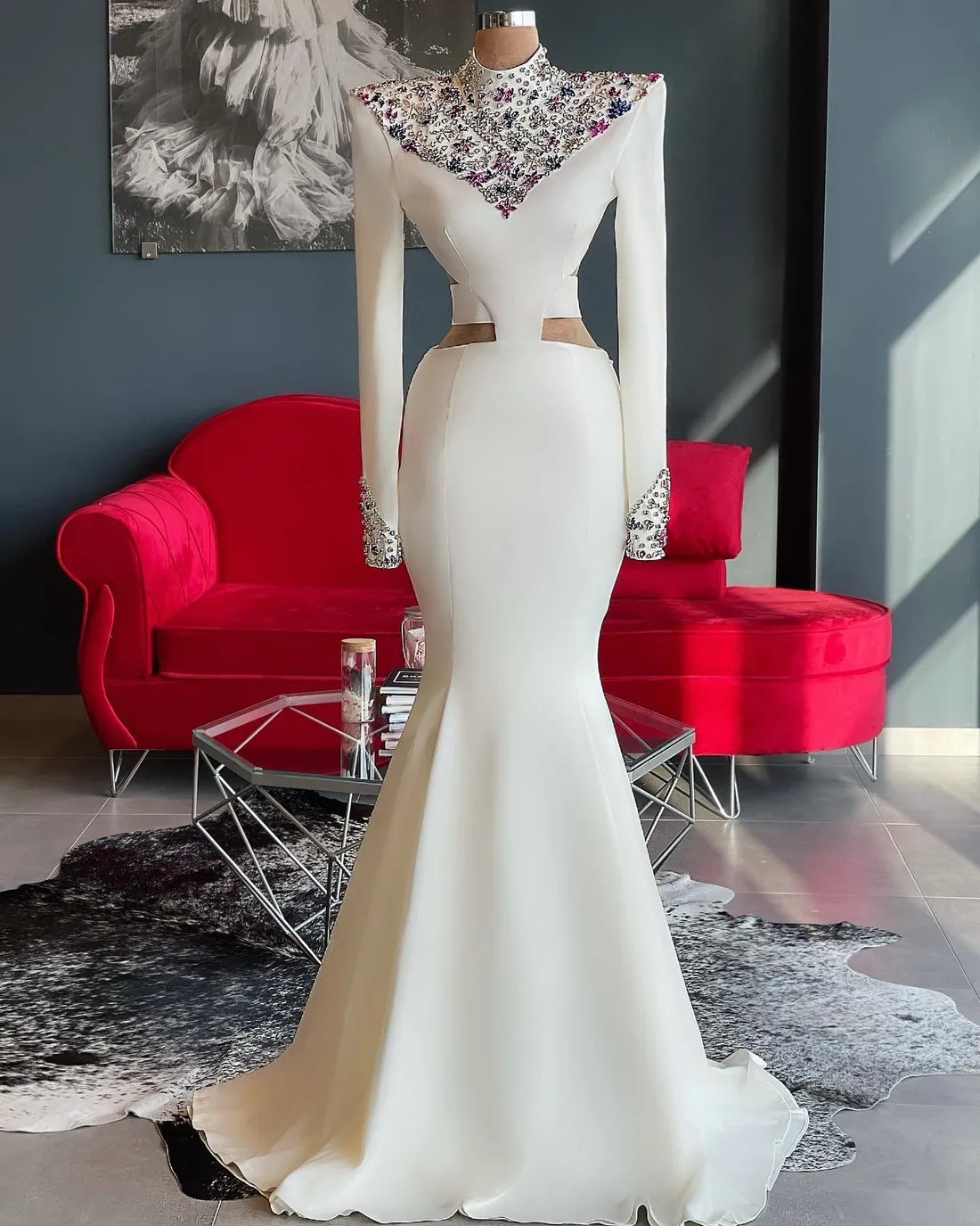Ryleigh White Elegant High Neck Long Sleeves Evening Dress