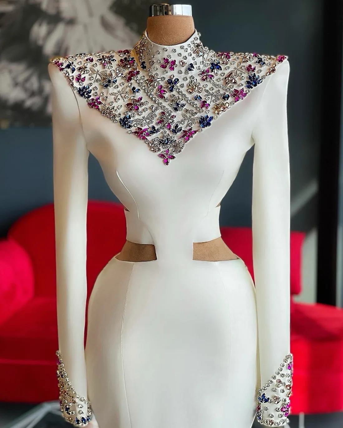 Ryleigh White Elegant High Neck Long Sleeves Evening Dress
