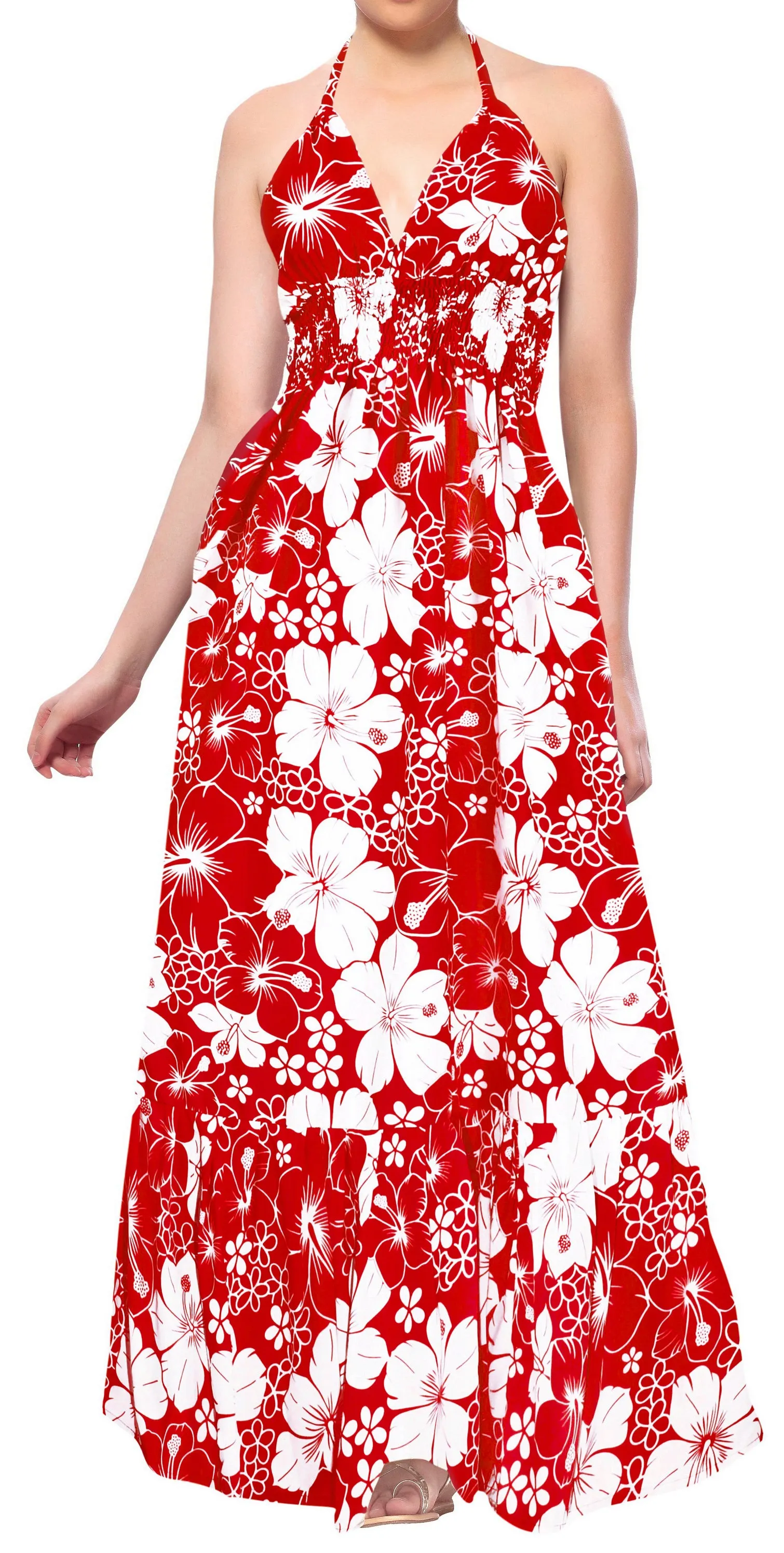 Scarlet Red Floral Print Halter Neck Long  Dress For Women