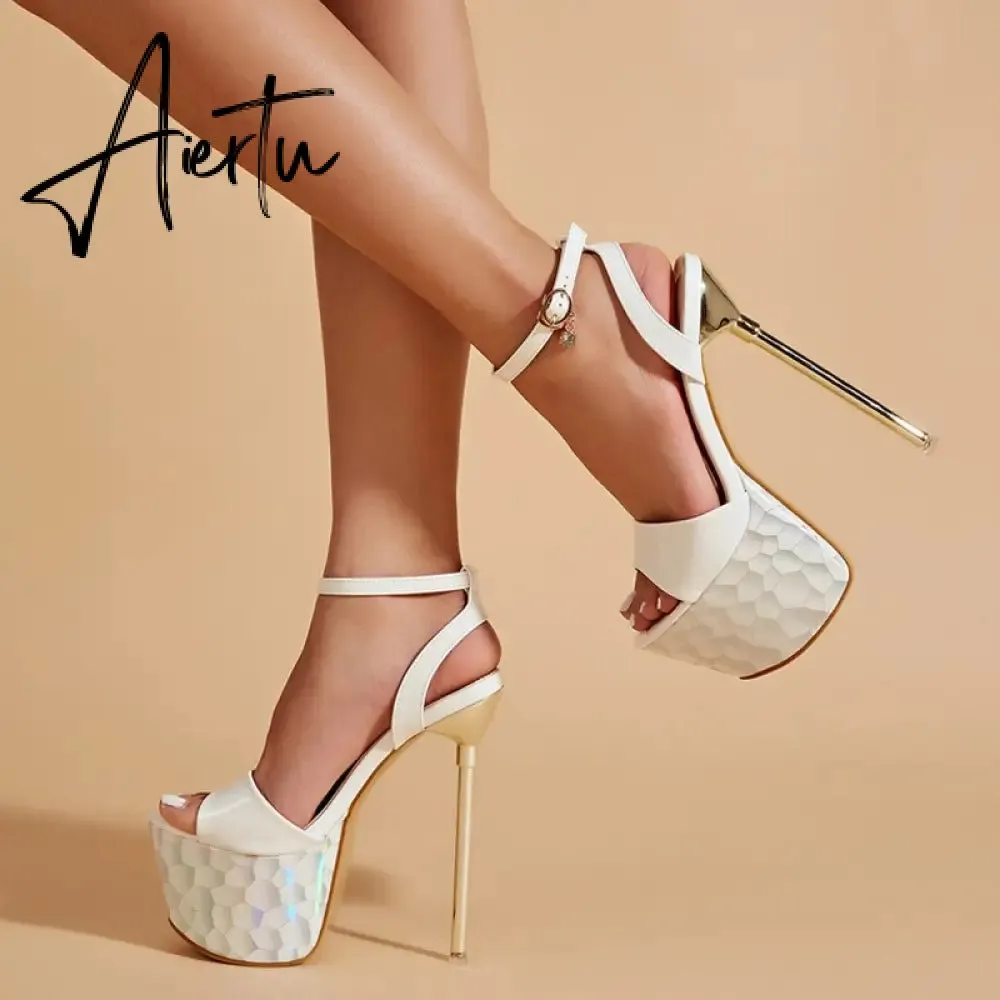 Sexy Party Nightclub Stripper Women 17CM Sandals Black White Leather Summer Open Toe Buckle Strap High Heels Platform Shoe