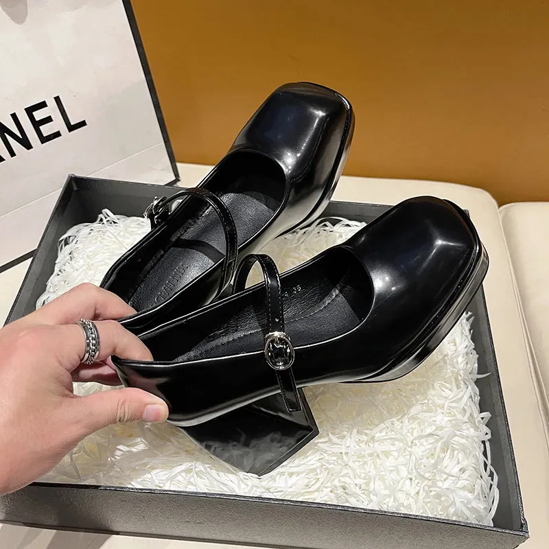 Sohiwoo Mary Jane High Heels Fairy Wind French Square Head One Buckle Simple Waterproof Platform High Heels