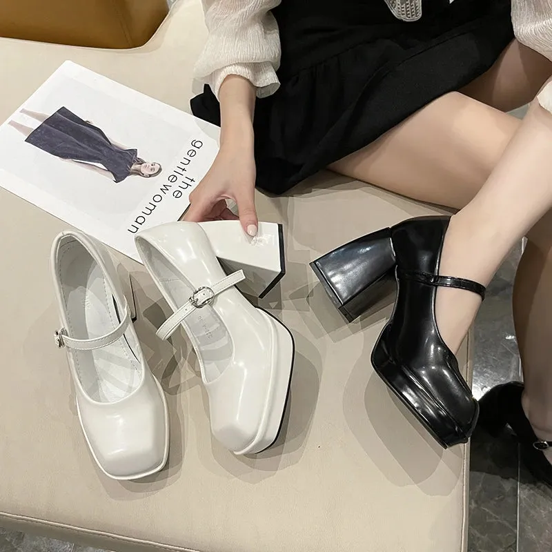 Sohiwoo Mary Jane High Heels Fairy Wind French Square Head One Buckle Simple Waterproof Platform High Heels