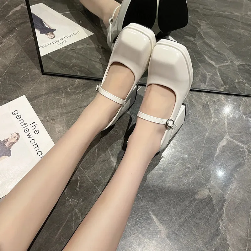 Sohiwoo Mary Jane High Heels Fairy Wind French Square Head One Buckle Simple Waterproof Platform High Heels