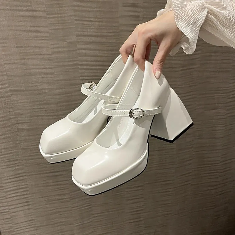 Sohiwoo Mary Jane High Heels Fairy Wind French Square Head One Buckle Simple Waterproof Platform High Heels