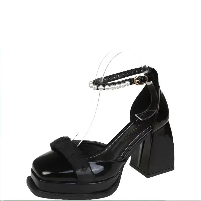 Sohiwoo Women Summer High Heels Party Square Toe Pearl Sandals Ladies PU Fshion Platform Shallow Mouth No-slip Retro Pumps Female