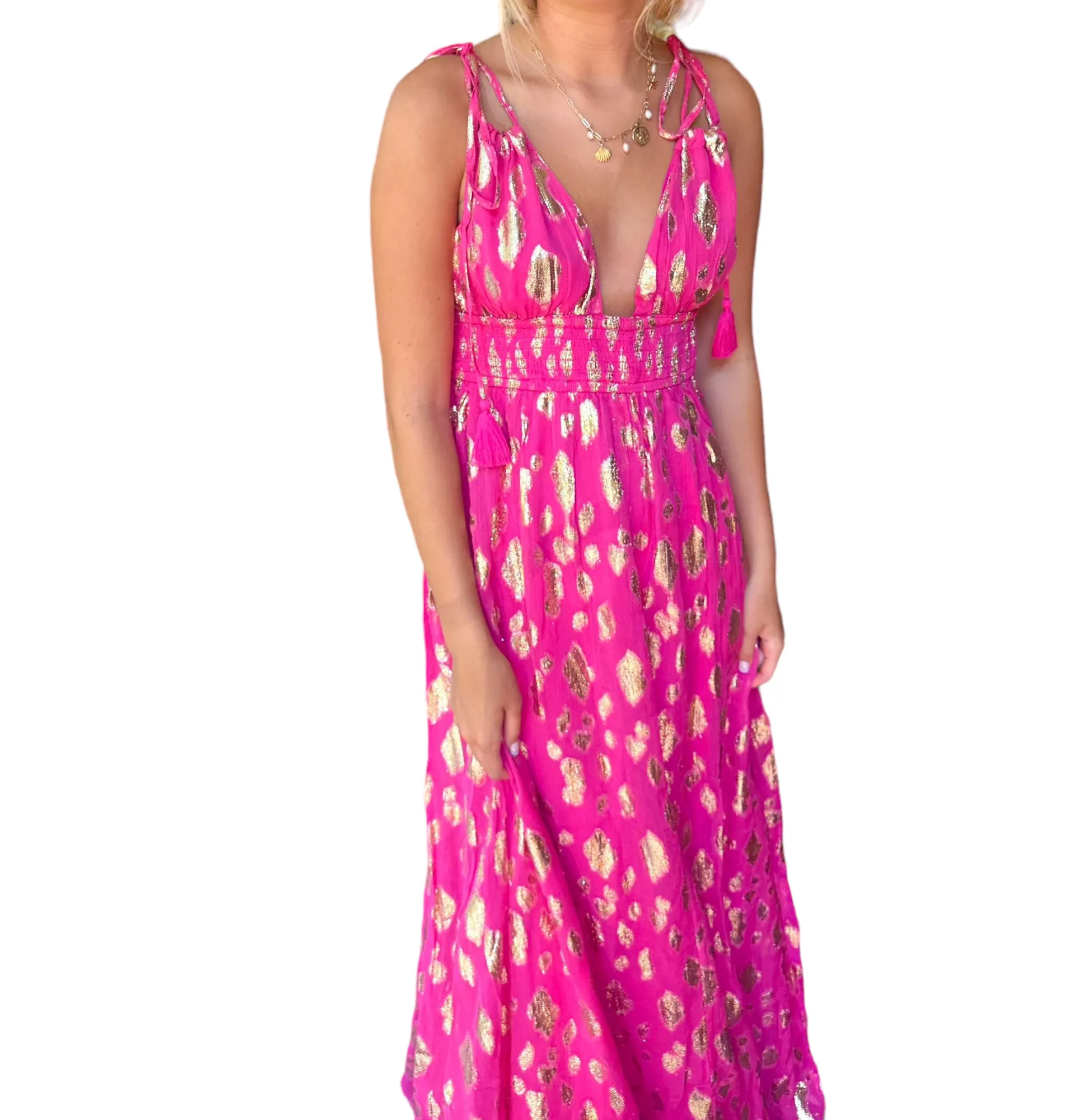 Sparkling Elegance: Tie Shoulder Maxi Dress with Lurex Spots