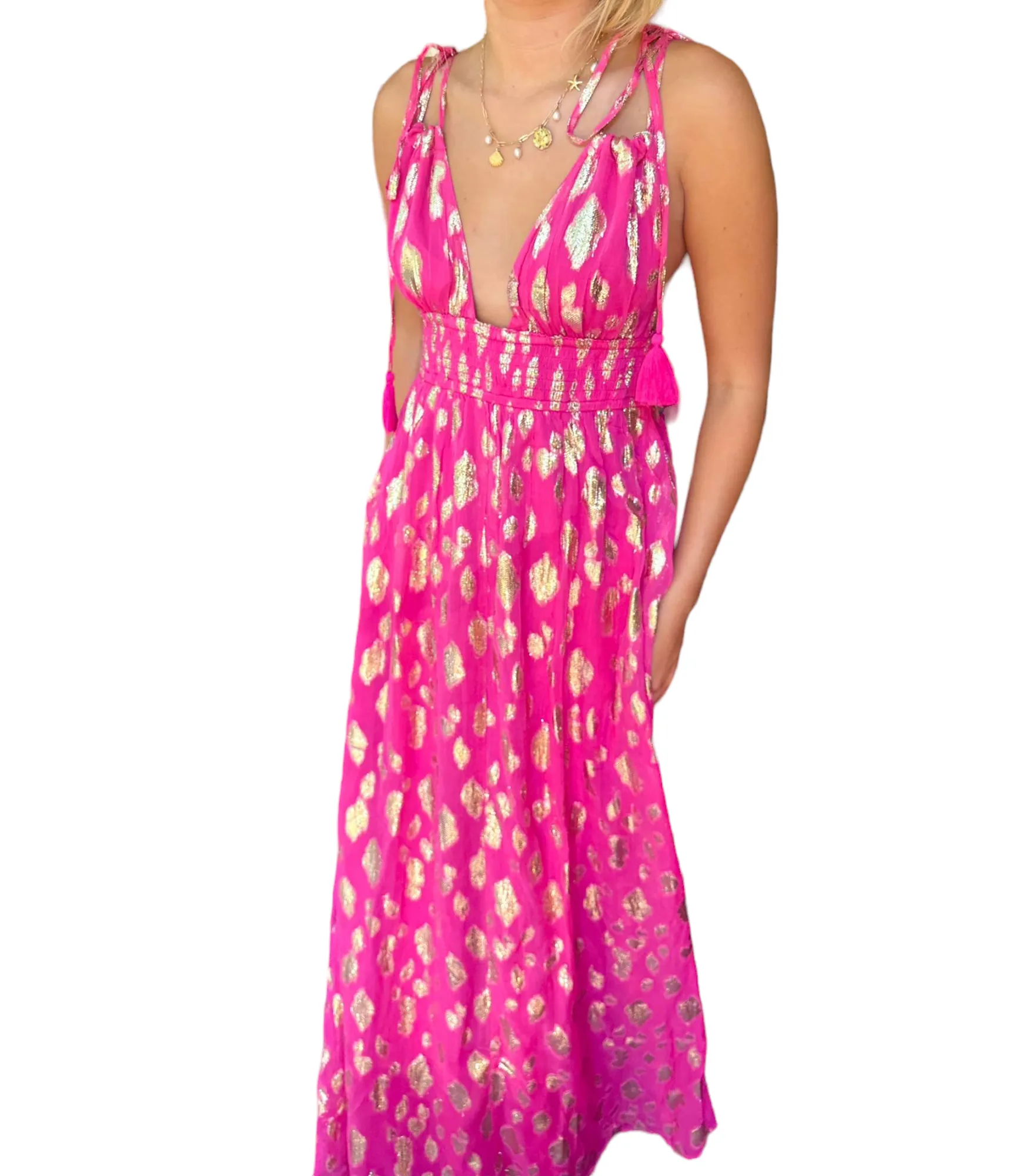 Sparkling Elegance: Tie Shoulder Maxi Dress with Lurex Spots